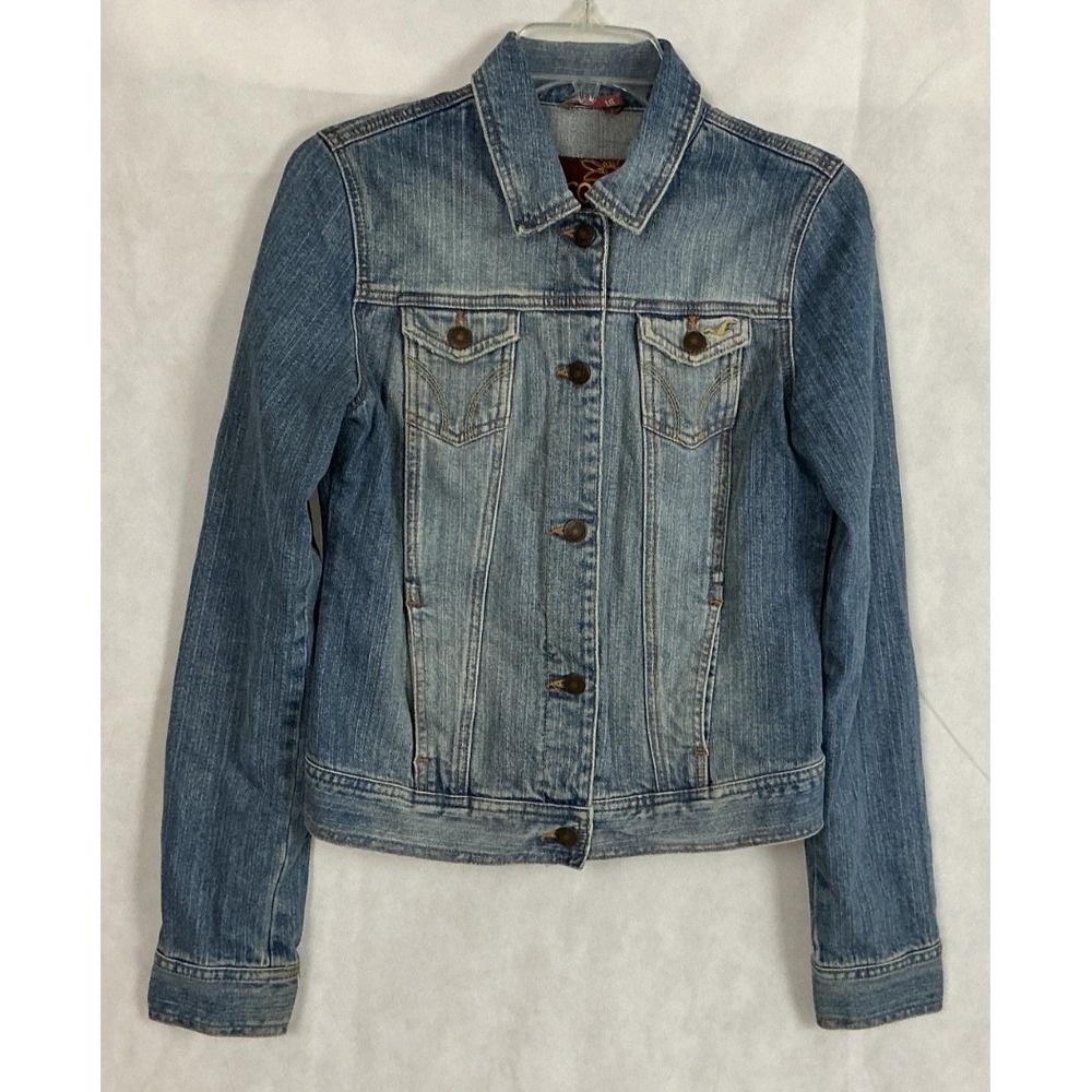 Hollister Womens Stretch Cropped Blue Denim Jean Trucker Jacket Medium M